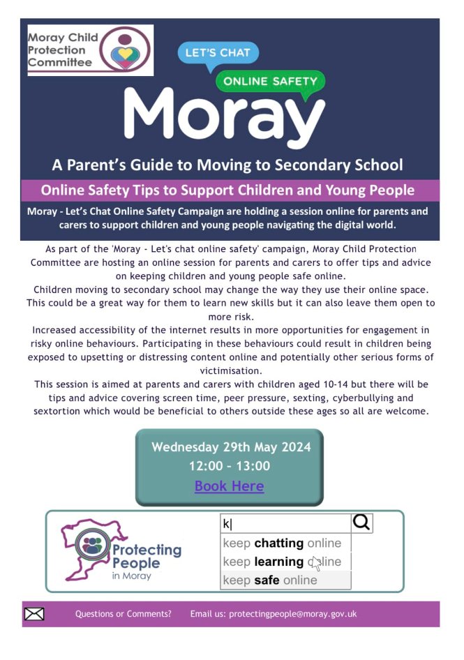Moray: A Parent's Guide to Moving to a Secondary School, online safety tips to support children and young people Wednesday 29th May To register 👇 ow.ly/ZK1C50Rlwc4