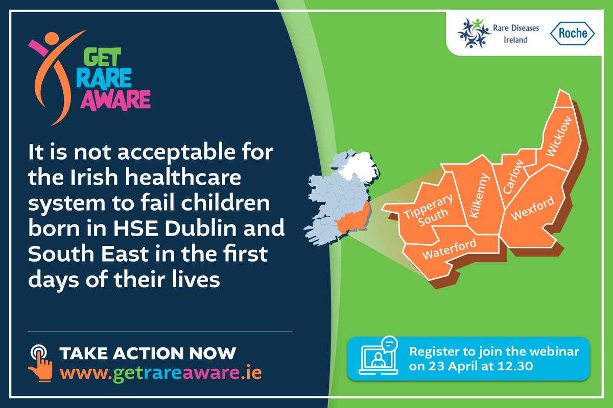 Join us at 12.30pm today for our online event for people living in HSE region Dublin and South East to support our call for urgent action to address the inadequate newborn heel prick test screening services provided in Ireland. Register at: ow.ly/YqkE50Rhj2e #GetRareAware