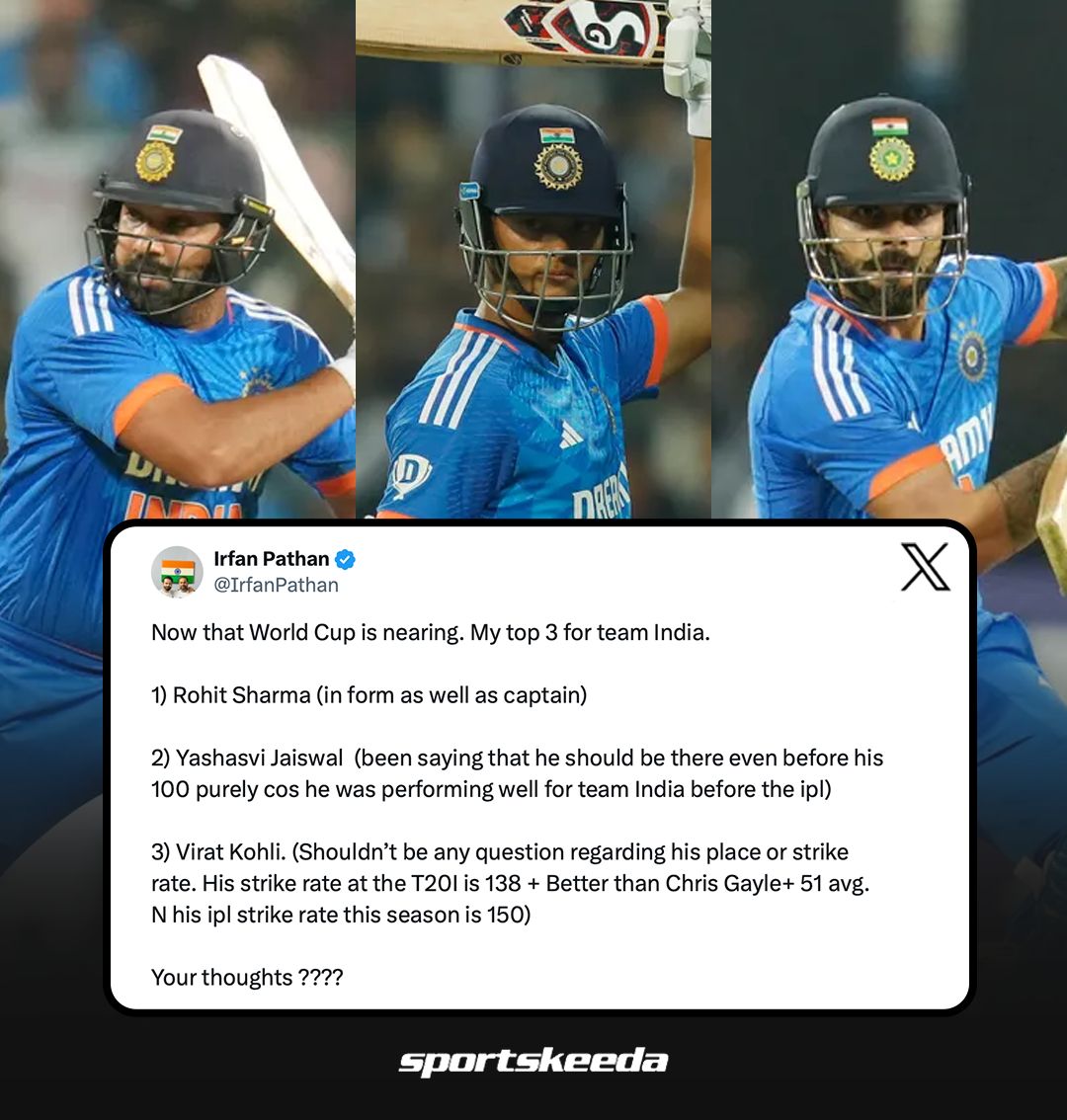 Do you agree with Irfan Pathan? 👀

#Cricket #Rohit #Kohli #Jaiswal #WorldCup