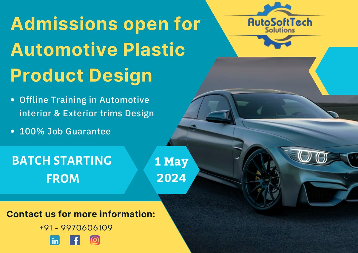 Autosofttech's tweet image. Unlock your potential in Automotive Interior &amp;amp; Exterior Trims Design with our comprehensive offline training program.

Enroll now!

Gear up for success in Automotive Design! Secure your spot in our upcoming batch starting May 1st, 2024.

For any queries - careers@autosofttech.in