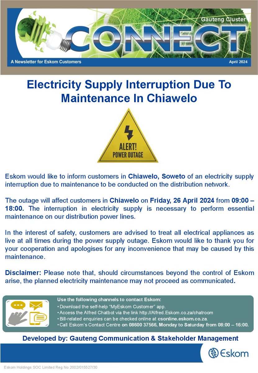 #EskomGauteng
#PlannedMaintenance
#Chiawelo

Electricity supply interruption due to planned maintenance in Chiawelo on Friday, 26 April 2024.