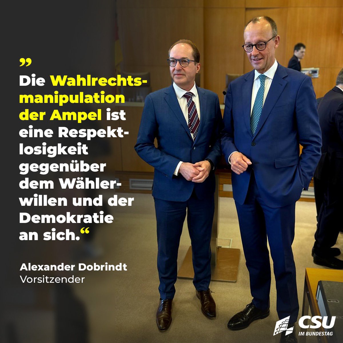 „Das Ampel-#Wahlrecht dient ausschließlich dem eigenen Machterhalt von SPD, Grünen und FDP. Diesem Gesetz fehlt schlichtweg der demokratische Anstand. Die Erststimme wird massiv entwertet und der Wählerwille in den Wahlkreisen ignoriert. Es ist bewusst darauf angelegt, zwei