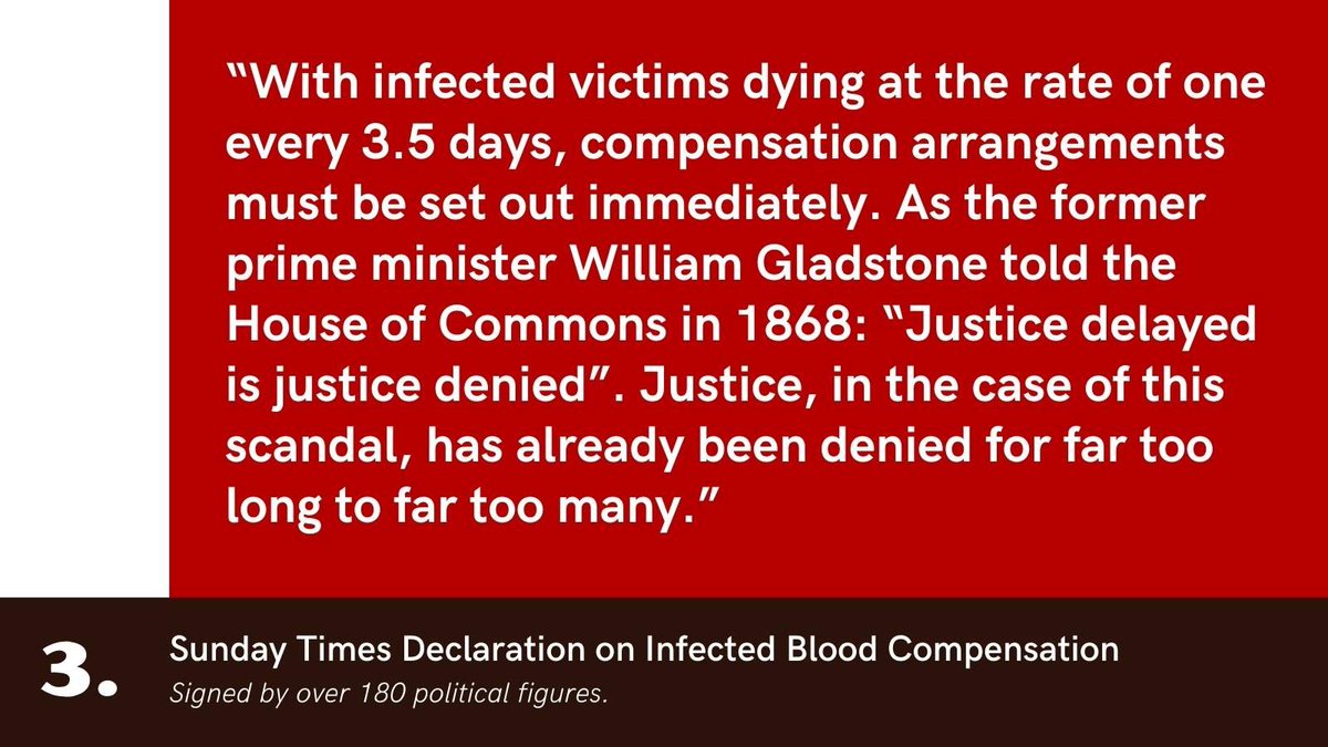 'I have added my name to @thetimes campaign calling on the Government to pay compensation to all those infected & affected by the contaminated blood scandal, without delay. With 2 victims dying each week, there can be no justification for further delay.