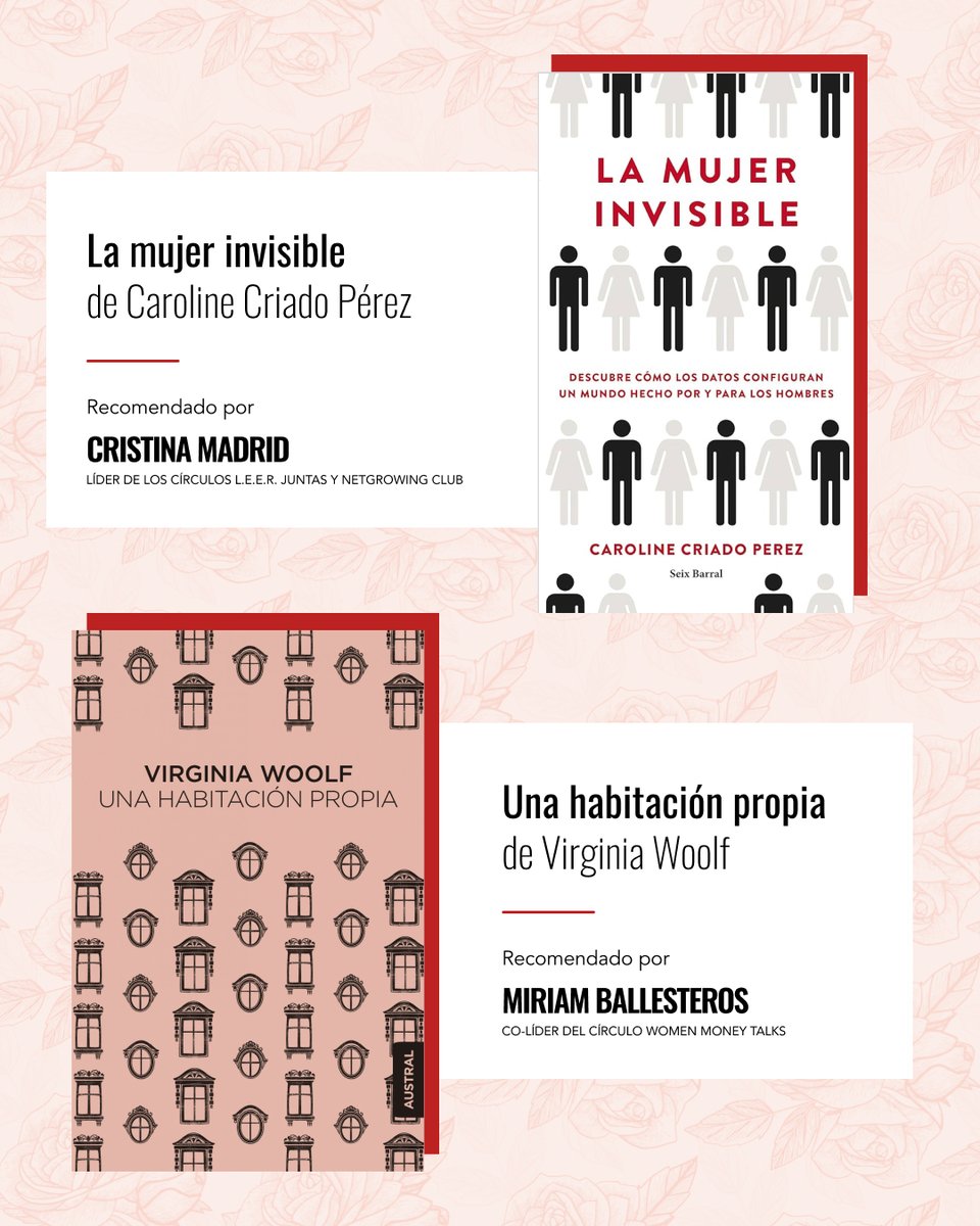 La mujer invisible de Caroline Criado Pérez Recomendado por Cristina Madrid, líder de los Círculos L.E.E.R. Juntas y Netgrowing Club.  

Una habitación propia de Virginia Woolf Recomendado por <a href="/mirballesteros/">Miriam Ballesteros</a>, co-líder del Círculo Women Money Talks.