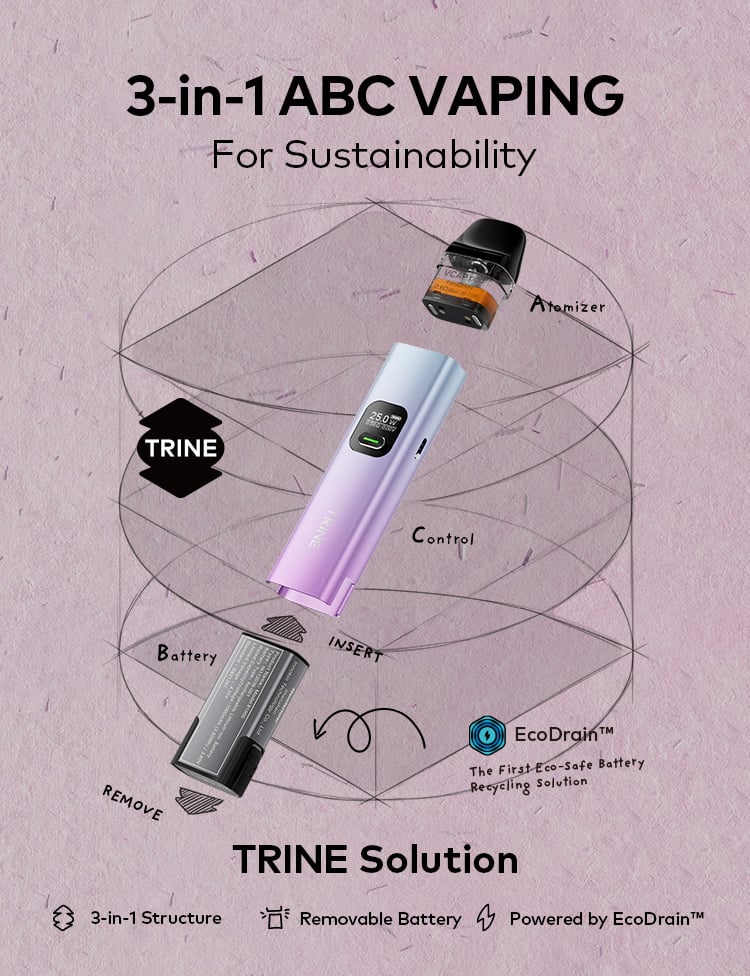 Reshape your vaping experience with TRINE Solution for pod-system!  Featuring a 3-in-1 integration of ABC: Atomizer, Battery (removable), and  Control panel, Trine redefines sustainability. https://t.co/bKfcCrbKfx