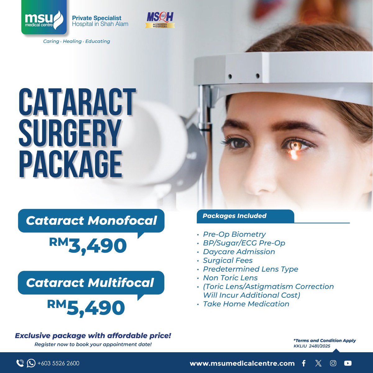 Revive their vision and share the joy. Sign up now for our cataract package! Allow your loved one to enjoy the beautiful moment. For more information, visit msumedicalcentre.com or call 03-55262600. #CaringHealingEducating #MSUMC #cataract