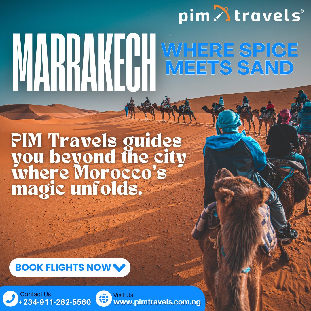 Marrakech's charm. Desert's dunes. PIM Travels crafts your Moroccan escape. #PIMTravels

#CairoAdventure #Morocco #TravelDeals #LagostoMarrakech #TravelExpert #AffordableFlights #traveltips #packinghacks #flystressfree #airfaredeals #visaservices #flightbooking #travel #flight