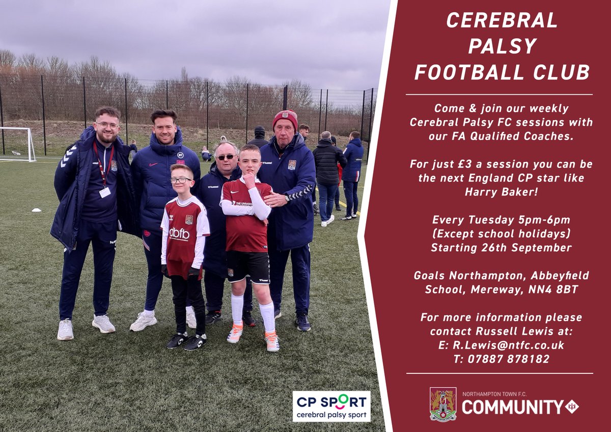 Cerebral Palsy Football⚽️ Our CP sessions run weekly at @goals_northamp (Every Tuesday 5pm-6pm) for just £3 for ages 8-16! A great way for all abilities to stay active in 2024 & improve their football🙌 Get involved, sign up now👇 ntfccommunity.co.uk/cerebral-palsy… @CP_Sport @NorthantsFA