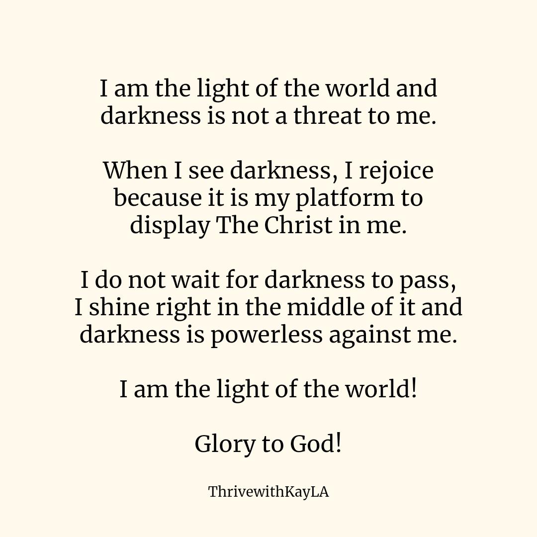 ThrivewithKayla's tweet photo. John 1:5 ESV
The light shines in the darkness, and the darkness has not overcome it.

#tuesdaydeclaration
#lightoftheworld
#thrivewithkayla
#hrconsulting
#careercounselling
#thriveaslight https://t.co/Hg5DQIudpv