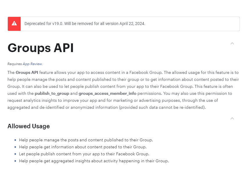#Meta has officially discontinued its #FacebookGroup API as of yesterday, as previously announced. 😭 This closure means that third-party applications, including @radaario, @buffer, and @hootsuite, can no longer automatically post content to Facebook groups.