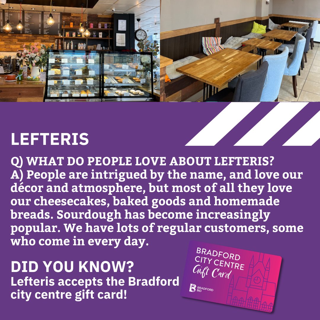 ⭐️BID Member Spotlight - Lefteris cafe ⭐️With fresh baked breads & cakes, Lefteris has built up a reputation as a must-visit place for a coffee or bite to eat here in the city centre. We caught up with manager, Terence to find out abit more about the business. #BradfordCityCentre