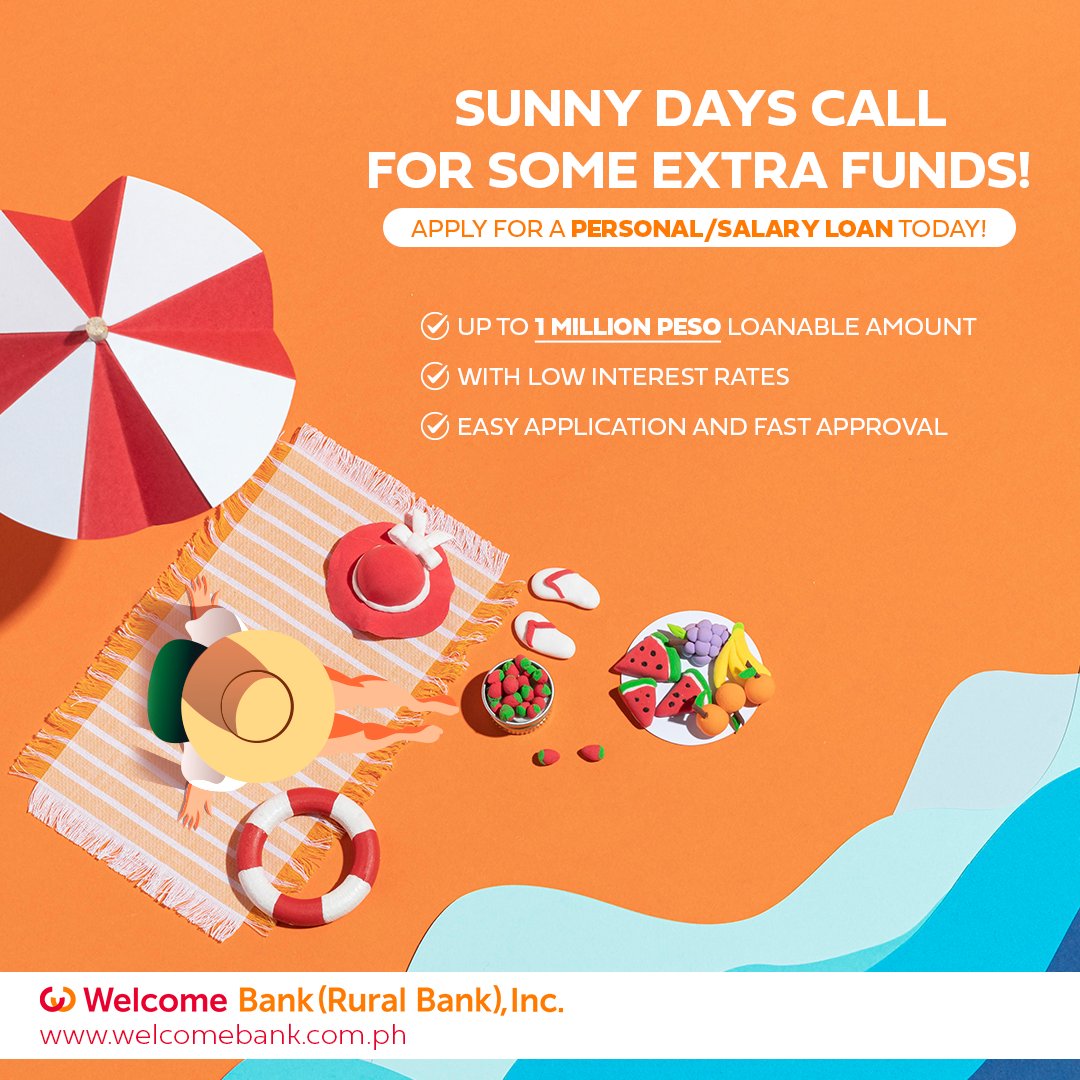 Savor every moment this summer with 𝗘𝗫𝗧𝗥𝗔 𝗙𝗨𝗡𝗗𝗦 in your wallet. Apply for a 𝗣𝗲𝗿𝘀𝗼𝗻𝗮𝗹/𝗦𝗮𝗹𝗮𝗿𝘆 𝗟𝗼𝗮𝗻 today using this link: bit.ly/WBPLoanApp.

#WelcomeBank #PersonalLoan #WeMakeItHappen