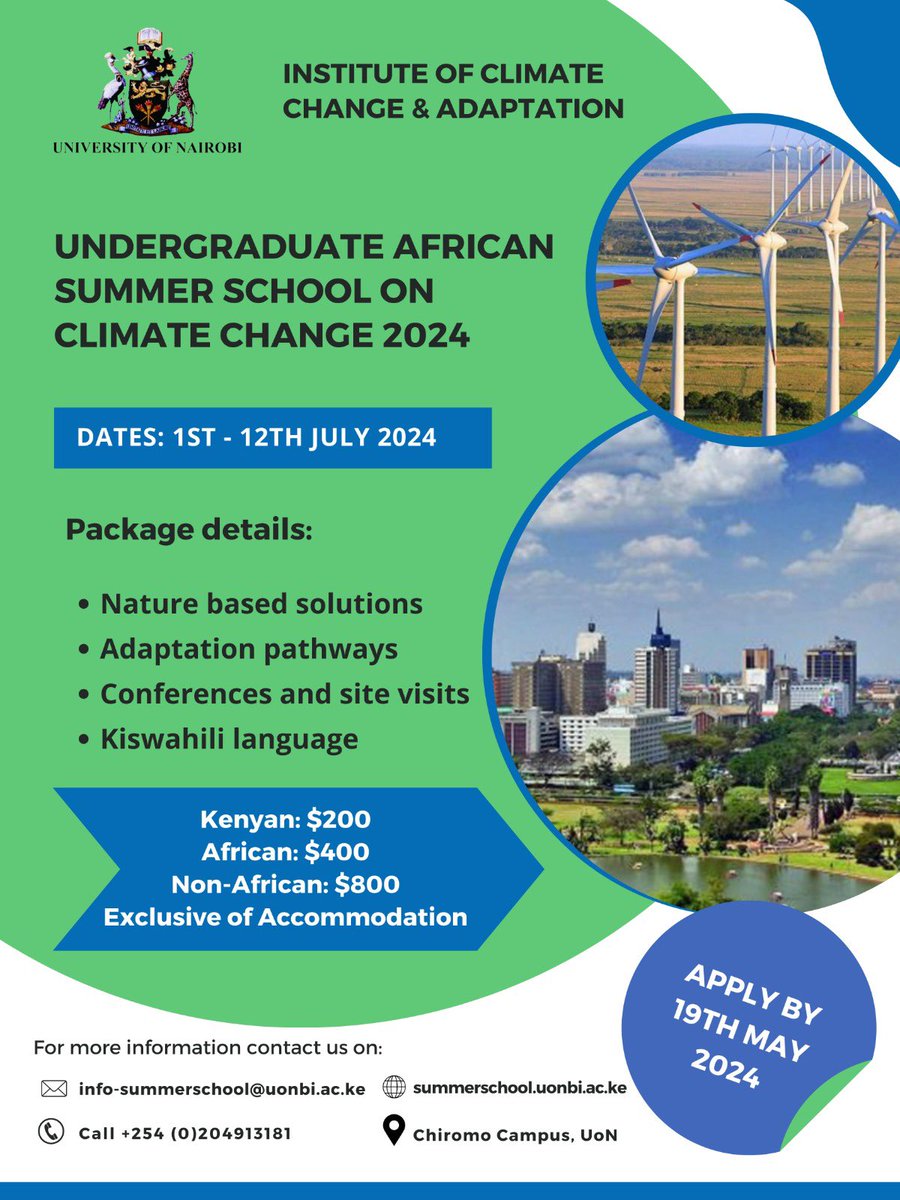 4 weeks to go!! Apply for the Undergraduate African Summer School on Climate Change @uonbi today. Learn nature based solutions, adaptation pathways and so much more. Visit summerschool.uonbi.ac.ke
Deadline: 19th May 2024 
#ClimateAdaptation
#AfricanSummerSchool