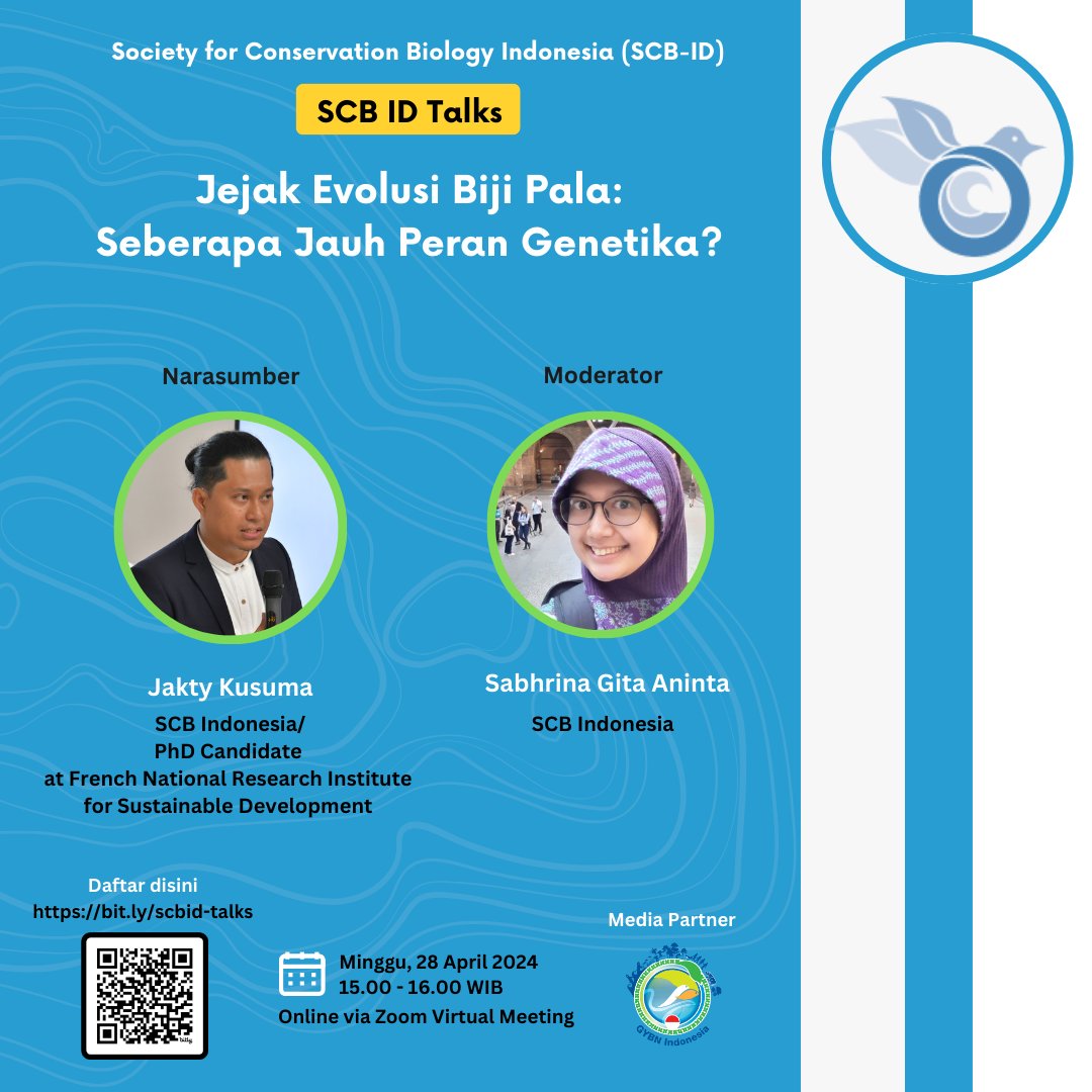 Halo SCBners!

Yuk join SCB Indonesia talk kali ini yang akan membahas "Jejak evolusi biji Pala: Sejauh mana peran genetika?" pada:

Minggu, 28 April 2024
Pukul 15.00 - 16.00 WIB via Zoom Meeting

Daftar segera karena slot terbatas!
bit.ly/scbid-talks