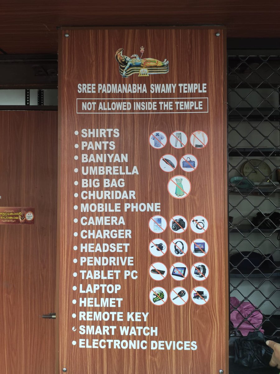 Rules at the Padmanabha Swamy Temple in Thiruvananthapuram. Photo from my visit in 2022. Males cannot enter wearing a shirt, trousers/shorts or a vest and females cannot enter wearing a churidar suit. This should be implemented across all major Sanātanī temples in my opinion.