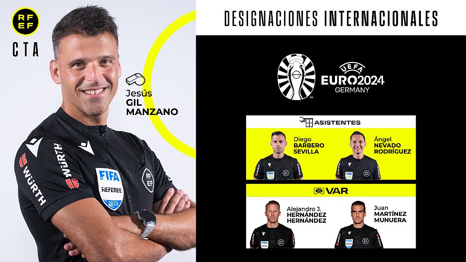 rfef's tweet photo. ⚖️ 🇪🇸 España tendrá cinco representantes arbitrales durante la @EURO2024 con Jesús Gil Manzano ejerciendo como colegiado principal durante los partidos.

⚽️ El @CTARFEF tendrá presencia así en los principales puestos arbitrales del campeonato continental.

ℹ️ https://t.co/j2geylh8kw

#ArbitrajeRFEF