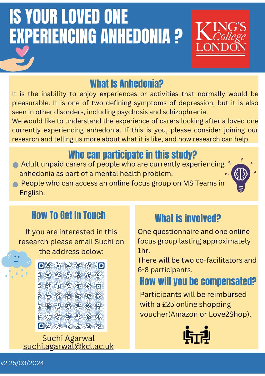 📢New Study: UNDERSTANDING LOSS OF PLEASURE – CARERS PERSPECTIVE
We are running focus groups to help us understand what it is like to care for someone with depression or psychosis, who struggles to find pleasure in activities once found engaging and enjoyable.
Please share/RT.