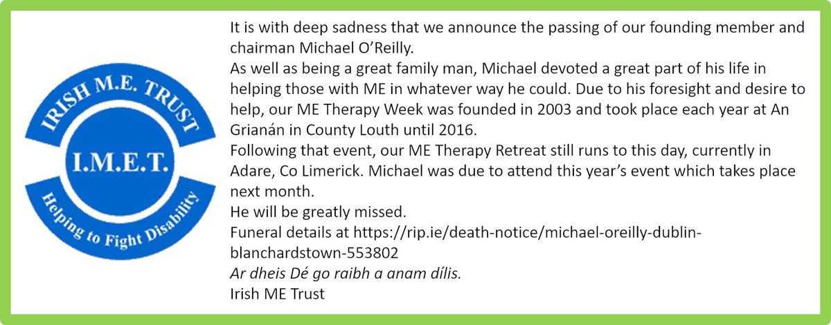 Invest_in_ME's tweet photo. Such very sad news received today
Our good friend & valued, respected advocate for #pmwe- 𝗠𝗶𝗰𝗵𝗮𝗲𝗹 𝗢’𝗥𝗲𝗶𝗹𝗹𝘆 - has passed away
Michael was in Irish ME Trust (IMET) & one of founder members of @euromeall
A really wonderful guy
IMET issued statement (see image)
#mecfs https://t.co/EpkMnrFaB9
