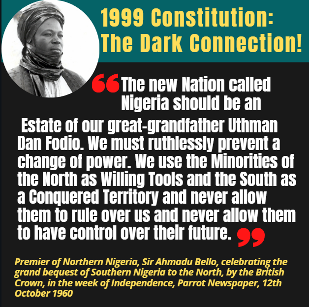 @abati1990 There's a Fulani Conquest Agenda to make #Nigeria their 'estate' as their Ahmadu Bello told them 👇Ribadu is Fulani so off course he will say what he said! The 1999 Constitution puts guns in the hands of Fulani
#NINASisRight #End1999Constitution #TransitionNow #RenegotiateNIGERIA