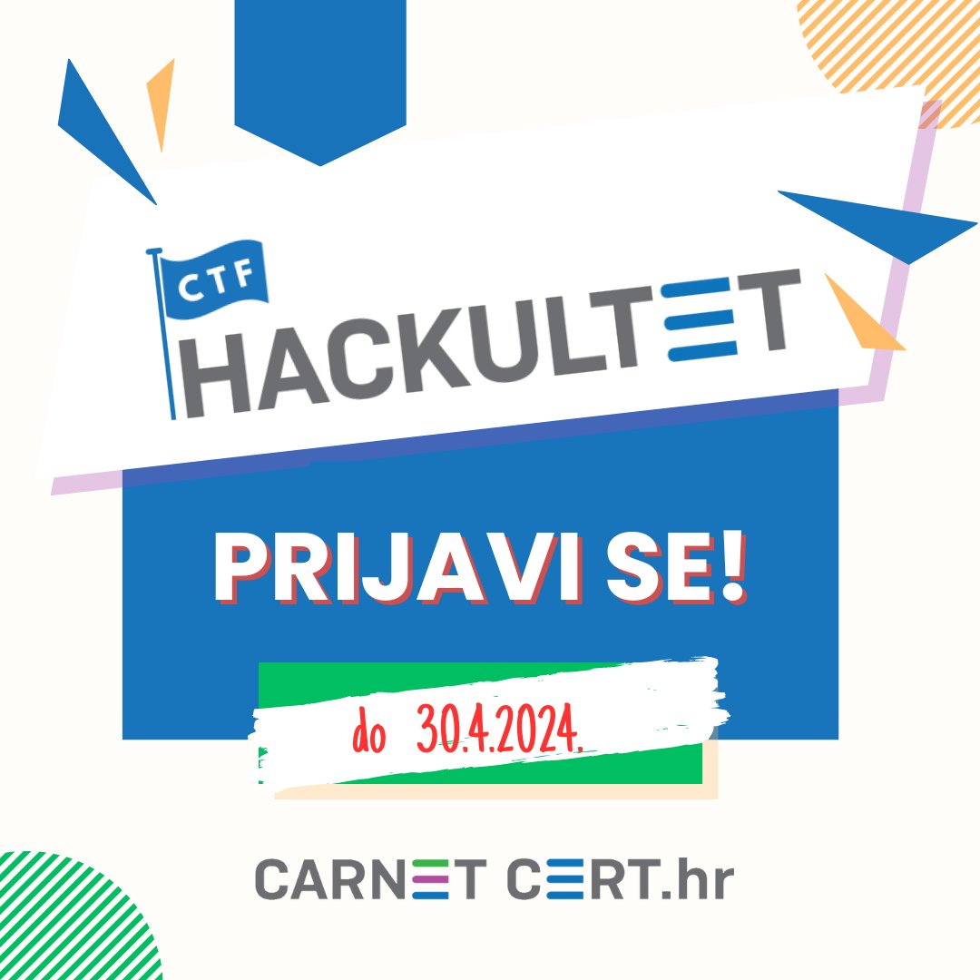 Produžili smo prijave za Hackultet do 30. travnja❗️ Očekuju vas bogate nagrade i zabavni hakerski zadaci! Požuri, jer natjecanje kreće već idući petak - 03. svibnja u 20h. #SurfajSigurnije Prijavi se na 👉 cert.hr/otvorene-su-pr…