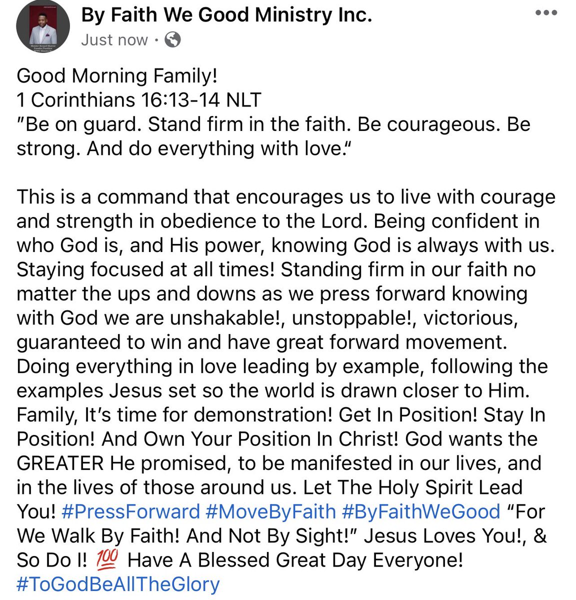 Good Morning Family! 
Get In Position! Stay In Position! And Own Your Position In Christ! Stay Focused! Let The Holy Spirit Lead You!

@ByFaithWeGood 
#ByFaithWeGood #InspirationalPost #MorningEncouragement #StayFocused
