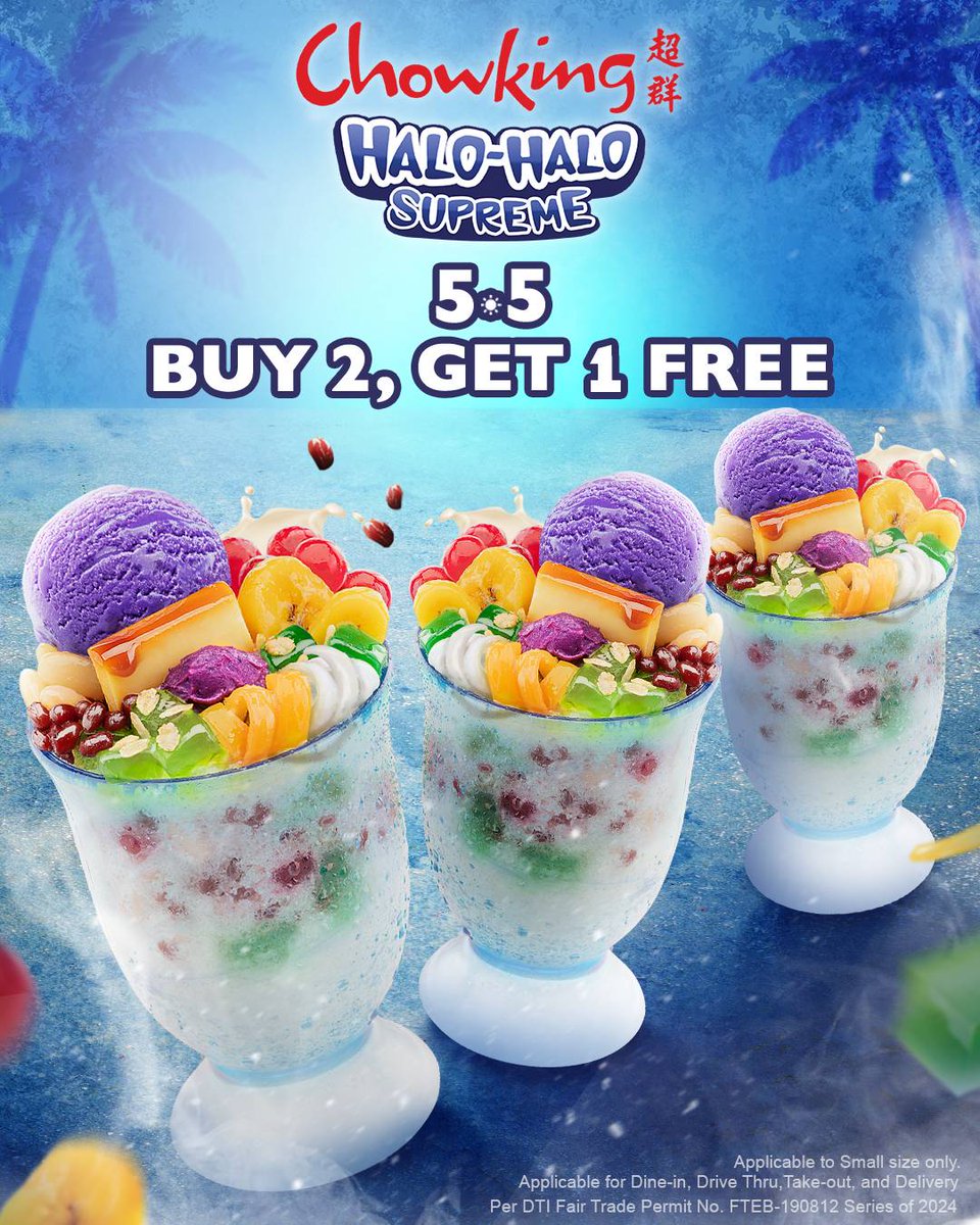 Beat the heat! Grab this 5.5 exclusive deal: Buy 2, Get 1 Free Chowking Halo-Halo Supreme! 🤩🚨 Promo applies to Small size (ala carte). Valid on May 5, 2024 only. Available via Dine-In, Take-Out, Drive-Thru, and Delivery. 🛵 #ChowkingHaloHaloSupreme