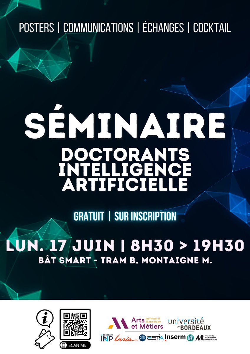 📣 APPEL A #CANDIDATURES !
Lundi 17 juin : journée de #séminaire, par et pour les #doctorants #IA du campus #bordelais.
Venez parler de votre #recherche, construire votre #réseau, et pourquoi pas envisager des projets #interdisciplinaire.
aap.u-bordeaux.fr/siaap/pub/appe…