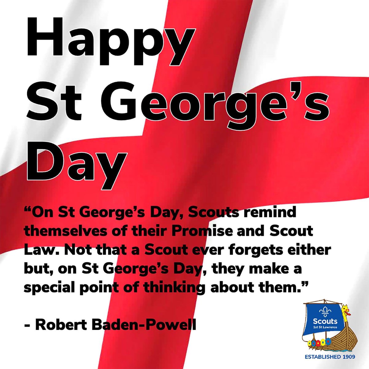 1stStLawrence's tweet photo. Happy St George's Day

St George is not only the patron of England, but also of Scouts. Annually, we parade on the nearest Sunday to St George's Day to renew our promise and to celebrate everyone's Scouting efforts and achievements. https://t.co/NhLZRBtBYb