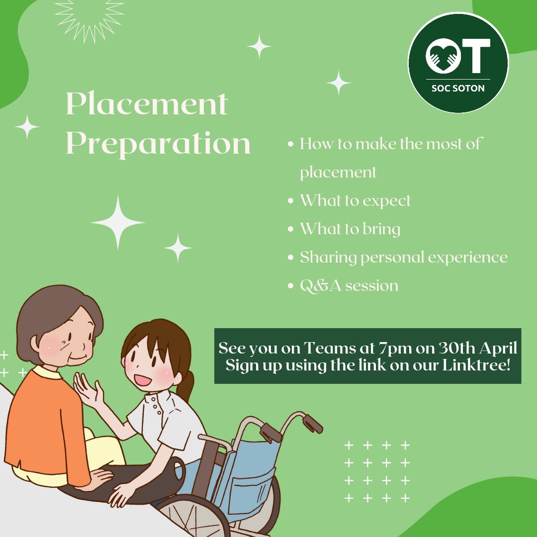 We will be hosting a placement prep session on 30th April! This will be an interactive session so we can provide information specific to your placement! Everyone is welcome to come along to share your valuable placement experience 💚 You can sign up using the link on our Linktree