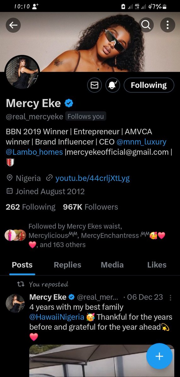 Omg! I just got followed by The Queen.👑
This is definitely my 'Mercy Eke Season'. 🥺 
Thank you so much My Darling @real_mercyeke  Love you ❤️❤️❤️