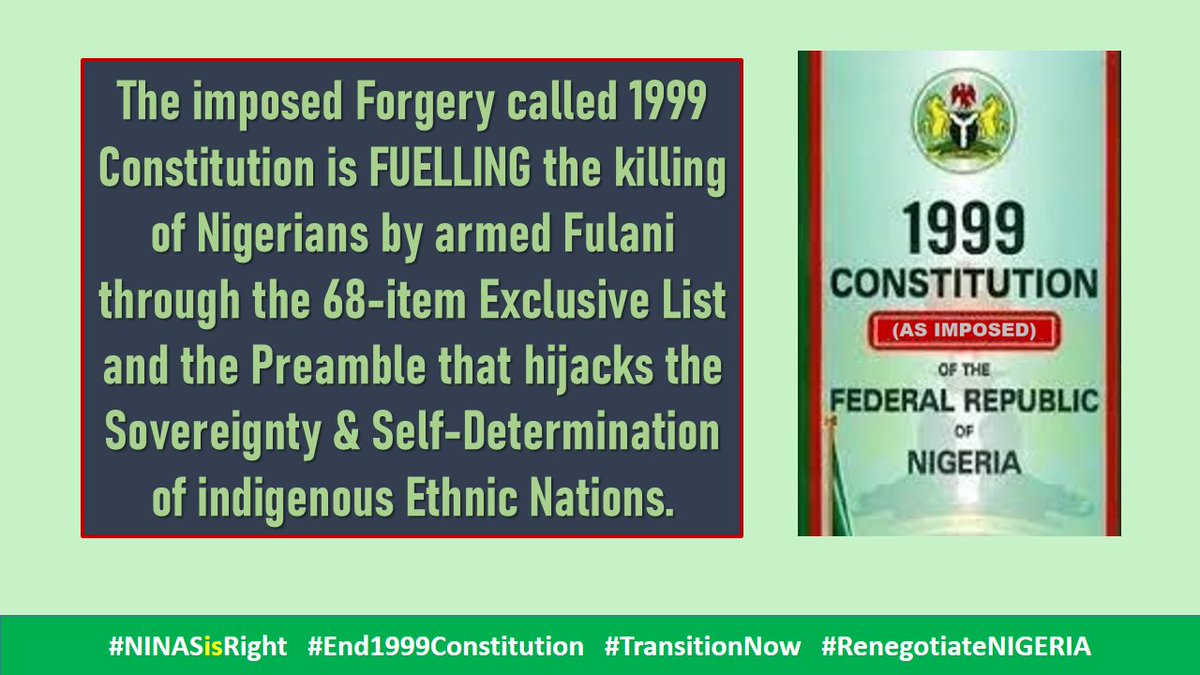 @abati1990 There's a Fulani Conquest Agenda to make #Nigeria their 'estate' as their Ahmadu Bello told them. Ribadu is Fulani so off course he will say what he said! The 1999 Constitution puts guns in the hands of Fulani
#NINASisRight #End1999Constitution #TransitionNow #RenegotiateNIGERIA