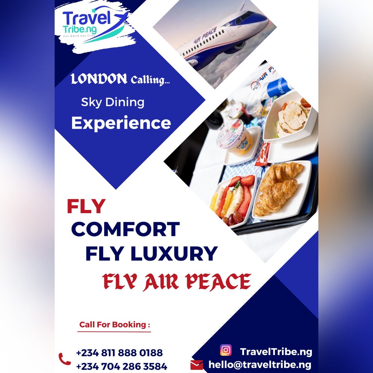 Experience finest dining adventure up in the clouds on @flyairpeace . For bookings & reservations, call +234 811 888 0188, +234 704 286 3584.
.
.
.
#FlyAirPeaceToLondon #skydining #TravelTribeNG #flights #visas #tours #corporatetravels #airporttransfers #airportprotocols #hotels