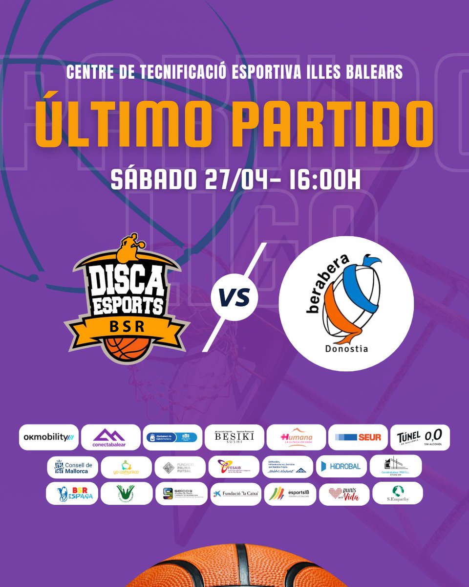 ¡ÚLTIMO PARTIDO! 🏀🔚 Este sábado despediremos la temporada en casa disputando última jornada de la Primera División BSR.
¡Os necesitamos!
▶️ Sábado 27/04
⏰ A las 16:00h vs <a href="/SaltoBeraBera/">Salto Bera Bera</a> 
📍 Centre de Tecnificació Esportiva Illes Balears
#JugamJunts