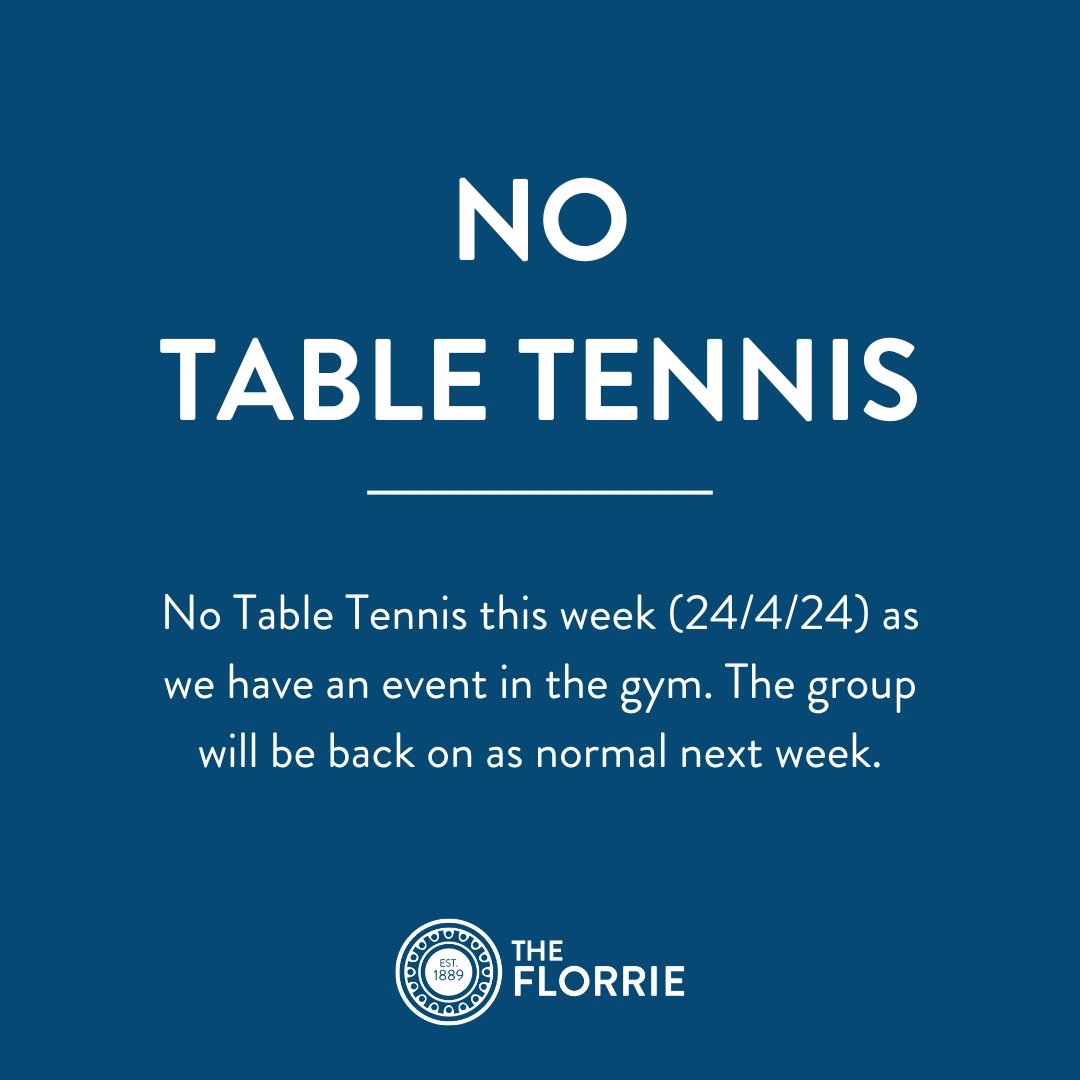 No Table Tennis this week (24/4/24) as we have an event in the gym. The group will be back on as normal next week 🏓 Please pass this on to anyone you know who attends.