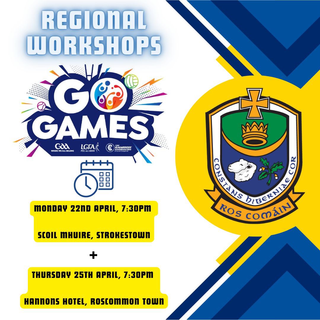 Many thanks to all #GoGames coaches who attended our workshop in Strokestown last night. We have another GoGames workshop in Hannons hotel Thursday evening. All welcome 💛💙💛💙 #rosgaa