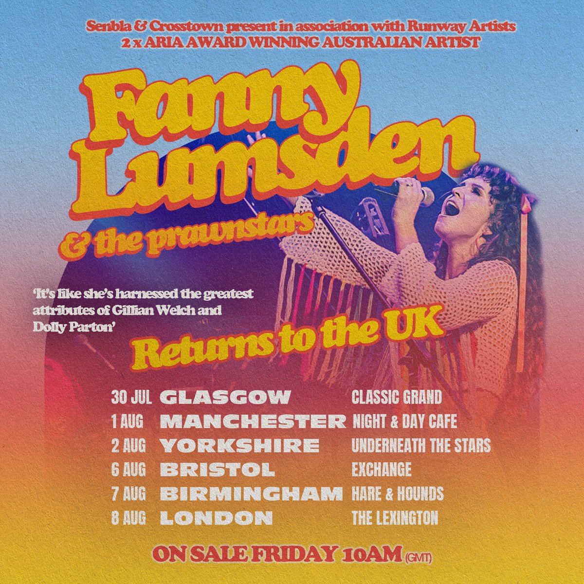 NEW SHOW: @Fannylumsden Hare & Hounds Weds Aug 7th Australian singer-songwriter and 2 x ARIA and 8-time Golden Guitar winner Fanny Lumsden plays live in Birmingham this summer! Tickets on sale Friday at 10AM ✨ skiddle.com/e/38291699