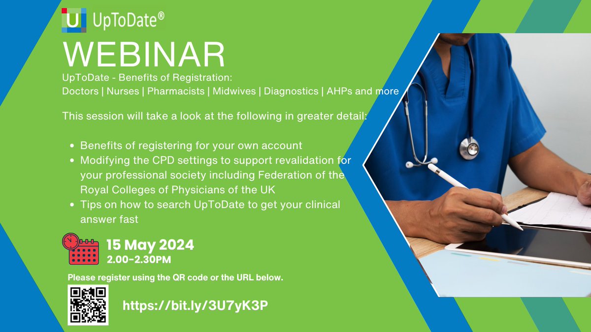 @UpToDate is providing a webinar for all healthcare professionals on the benefits of registration, to help you get the most from the resource. 
Register now bit.ly/3U7yK3P 
#UpToDate #PointOfCareTool #HealthcareProfessionals