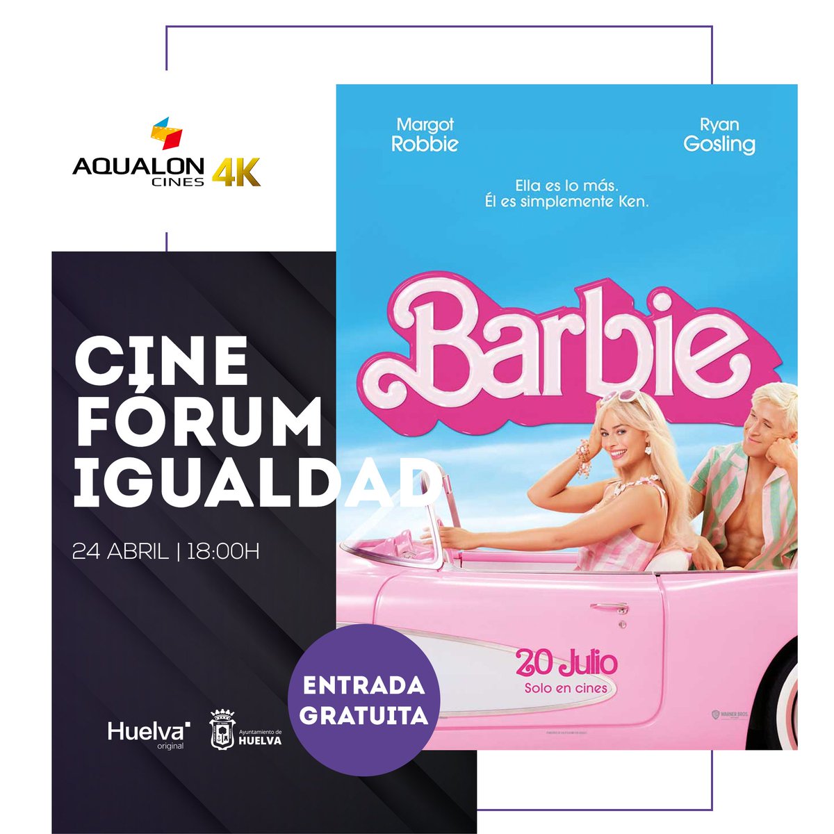 🎥Cines Aqualon acoge este miércoles el Cineforum Igualdad del <a href="/AytoHuelva/">Ayuntamiento Huelva</a> para sensibilizar, formar y fomentar la participación ciudadana en Igualdad
💖Se proyectará la película Barbie gratis
⏰Cineforum Igualdad Barbie👉 24 de abril a las 18h
#cinesaqualon4k
#cineforumigualdad