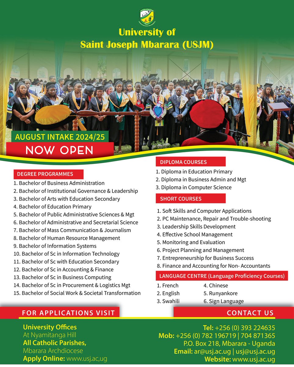 Secure a bright future as you Apply for the course of your choice at University of Saint Joseph Mbarara (USJM) in this AUGUST_INTAKE_2024 🗞🧑‍🎓 
#ApplyNow usj.ac.ug 🌐  #USJMAdmission #AugustIntake