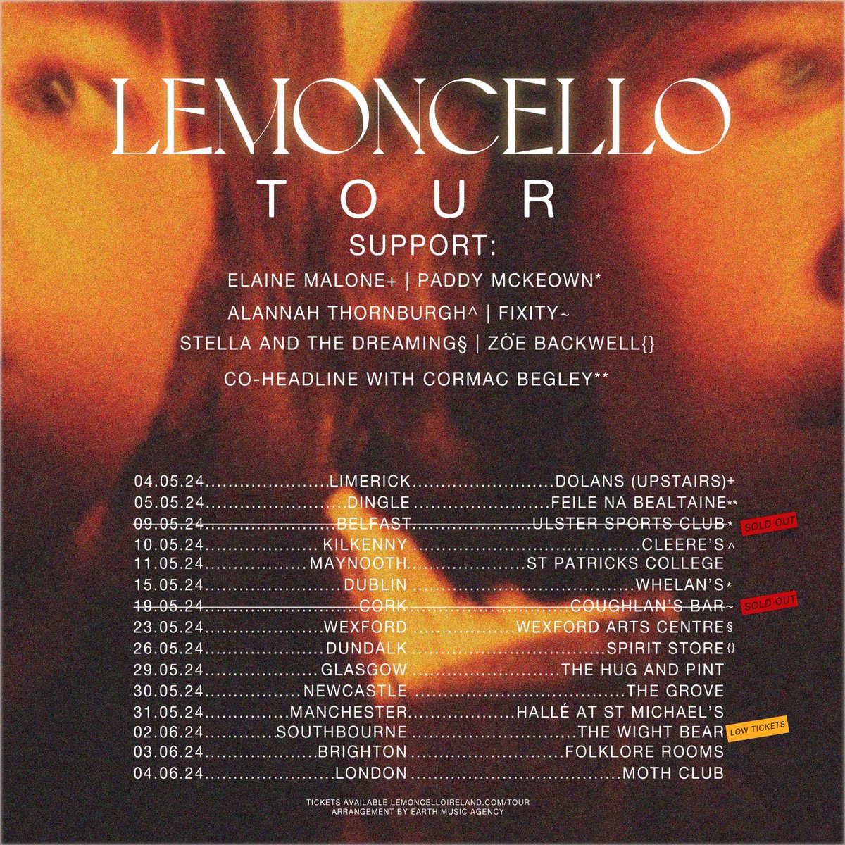 TOUR UPDATE ❗️ V happy to announce some extra dates and that these amazing artist that will be joining us on the Irish leg of our tour 🩵 Belfast and Cork are now sold out and Southbourne has 1 ticket left !! Do not miss out! we are so so excited💋 XO LC lemoncelloireland.com/tour