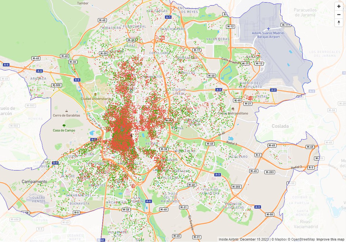 InsideAirBnB nos detalla que tiene en Madrid un total de 16.337 viviendas completas. El municipio de Madrid -censo de 2021- tiene un total de 1.533.222 viviendas. De las cuales 317.766 ya se encuentran alquiladas. AirBnB tiene el 1,07% de todas las viviendas en la capital.