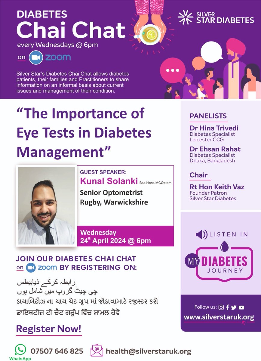Silver Star Diabetes (@ss_diabetes) on Twitter photo #Join the <a href="/ss_diabetes/">Silver Star Diabetes</a> #Chai #Chat on #Wednesday 24 #April at 6pm on #Zoom & #YouTube - with Senior #Optometrist Kunal Solanki #NHS and learn about the importance of #eye #test in #diabetes management #Join the <a href="/ss_diabetes/">Silver Star Diabetes</a> #Chai #Chat on #Wednesday 24 #April at 6pm on #Zoom & #YouTube - with Senior #Optometrist Kunal Solanki #NHS and learn about the importance of #eye #test in #diabetes management