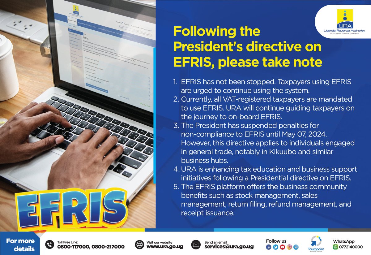 EFRIS HAS NOT BEEN SUSPENDED! In a bid to clear the misconception around the recent presidential directives on EFRIS, please take note of the following; #KakasaWithEFRIS #FfeBanno