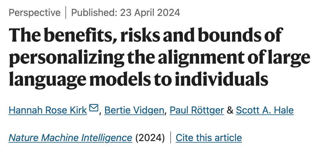 Published in Nature Machine Intelligence today, our new article explores the trade-offs of personalised alignment in large language models ⚖️ Personalisation has potential to democratise decisions over how LLMs behave, but brings its own set of risks... nature.com/articles/s4225…