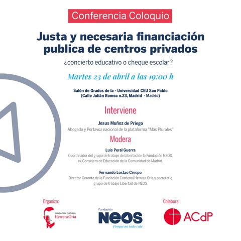 ‼️Os esperamos esta tarde en @USPCEU junto a @NEOS_esp para hablar de Libertad de Educación y la financiación pública de centros privados de la mano de Jesús Muñoz de Priego 📍C/Julián Romea, 23 🕓 19:00 Toda la info👉herreraoria.es/eventos/justa-…