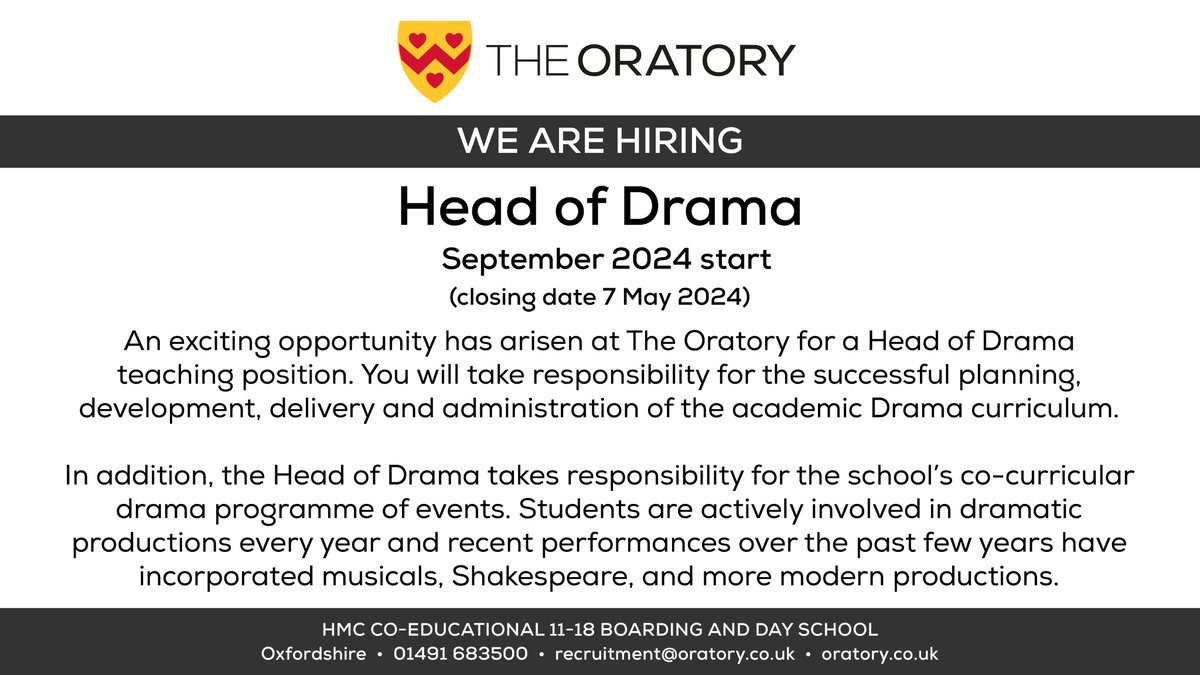 The Oratory School is looking to recruit a Head of Drama. Find out more: bit.ly/OSEmployment #OratoryJobs #OratoryRecruitment #JobVacancy #TeachingJobs @HMCTeachingJobs @CISCSchools