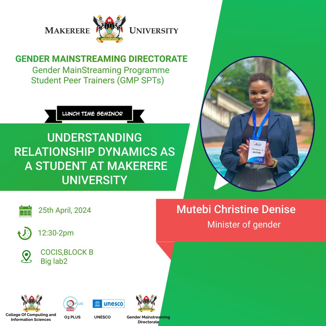 FortunateTusiim's tweet photo. Join us for a thought-provoking lunchtime seminar at Cocis, where we'll delve into the complexities of relationship dynamics as students. Logistics are in place to ensure a fruitful discussion.@mak #GMD #UNESCO #O3PLUS #COCIS https://t.co/5XEWsXFx2n
