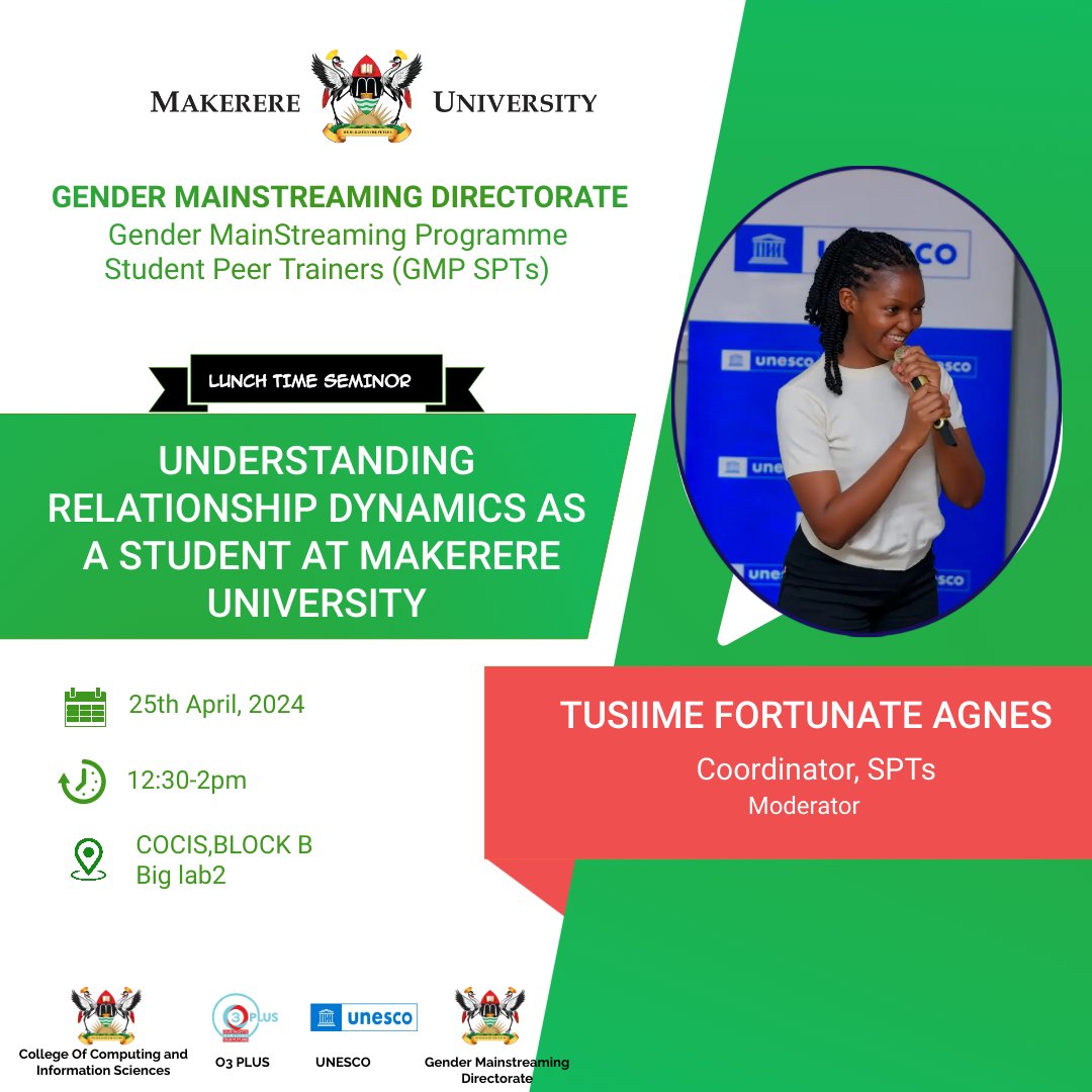 FortunateTusiim's tweet photo. Join us for a thought-provoking lunchtime seminar at Cocis, where we'll delve into the complexities of relationship dynamics as students. Logistics are in place to ensure a fruitful discussion.@mak #GMD #UNESCO #O3PLUS #COCIS https://t.co/5XEWsXFx2n