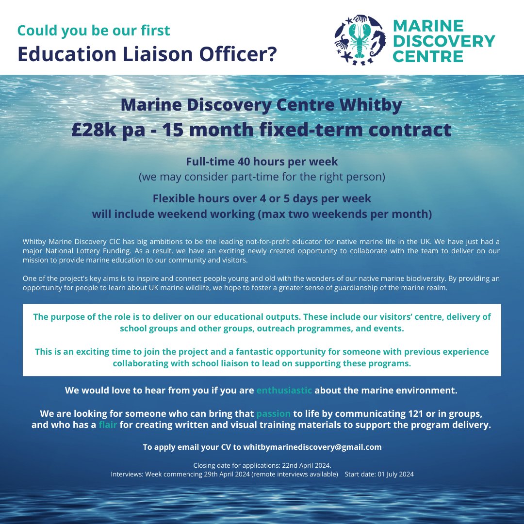 We are currently recruiting for a Education Liaison Officer, come and join the crew in Whitby. Marine Biology, conservation and education for all #Whitby #lobsters marinediscoverywhitby.co.uk 29th April closing date