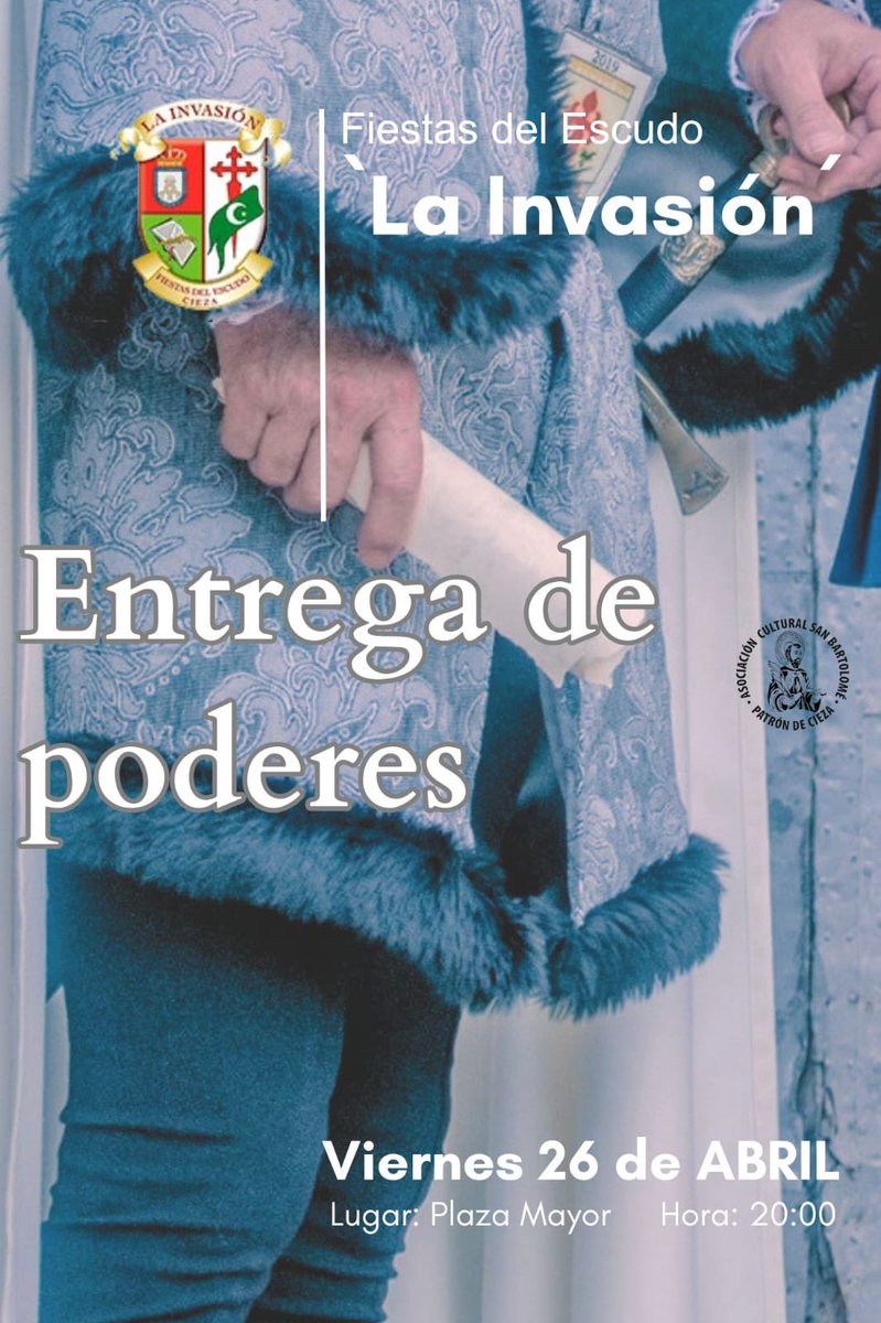 ENTREGA DE PODERES AL COMENDADOR
El próximo viernes 26 de abril a las 20:00 horas en la Plaza Mayor: Acto de entrega de poderes al comendador de la Villa de Cieza, D. Gonzalo Talón, por parte del alcalde del Excmo. Ayuntamiento de Cieza. 

#FiestasdelEscudo #fiestasdelescudo2024